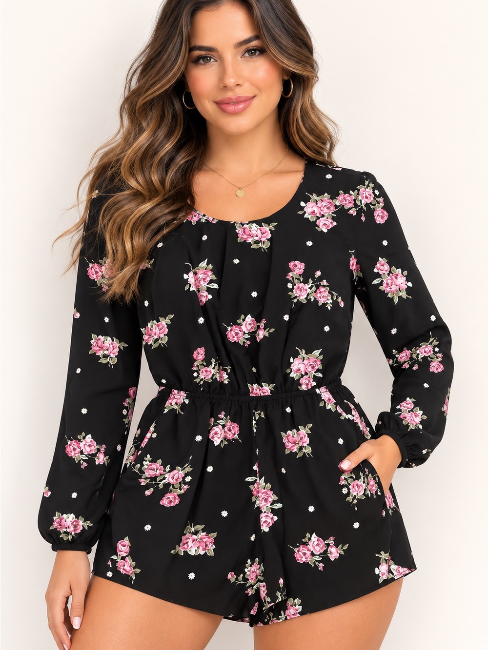 Mimi Chica Black Long-Sleeve Romper with Pink Floral Print